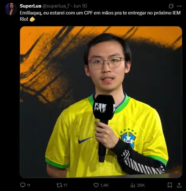 Tweet about EmiliaQAQ and the IEM Rio
