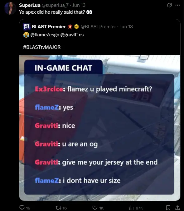 Tweet with in-game chat screenshot