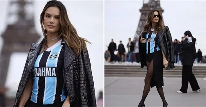 Alessandra Ambrósio in Paris wearing a Grêmio jersey with the Brahma name